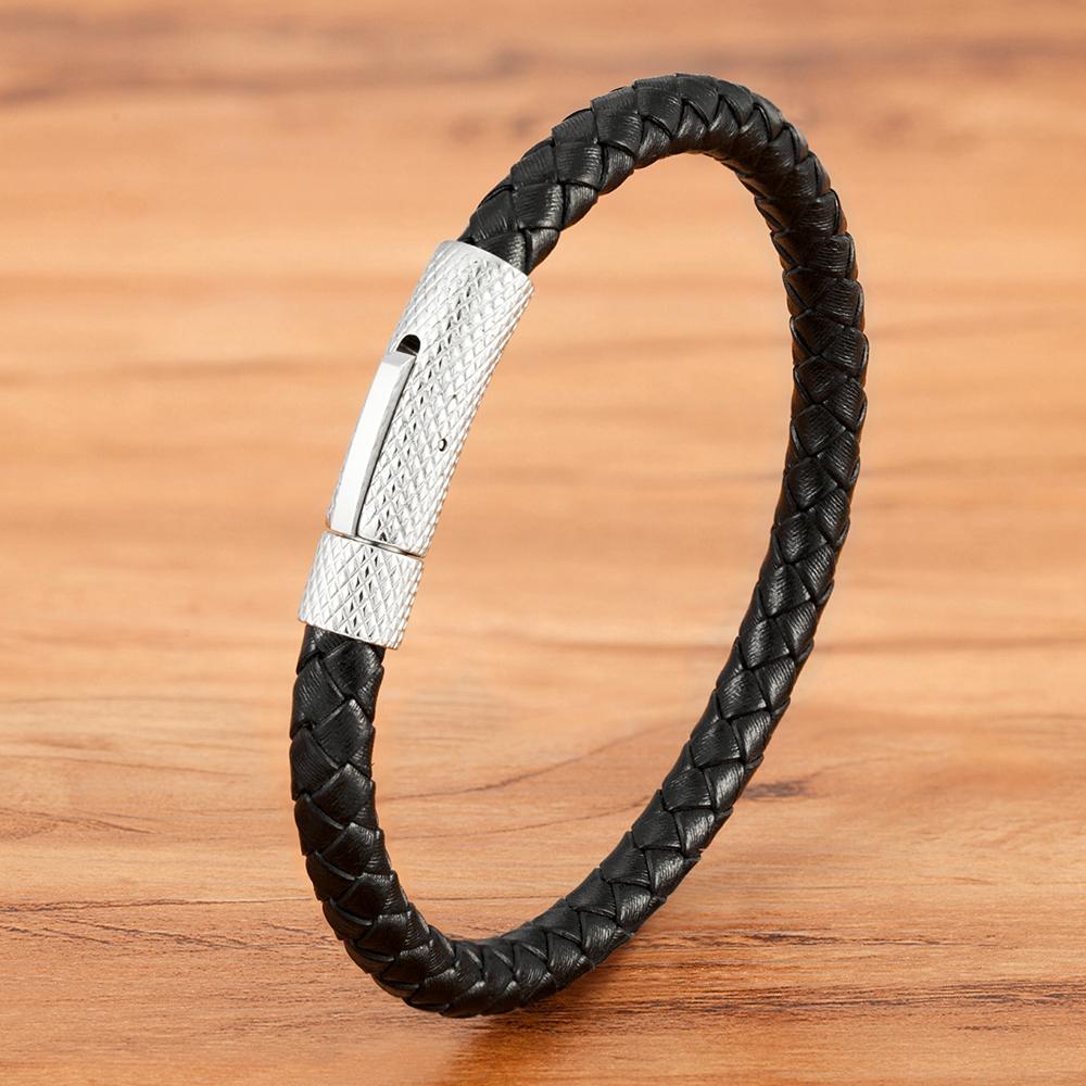 QIKU Fashion Mens Braided Leather Bracelet Black/Brown/Red Stainless Steel Retro Simple Bangle Jewelry Christmas Gift