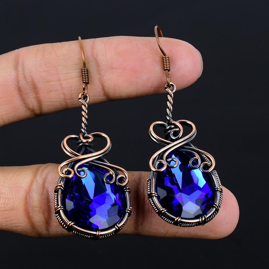London Blue Topaz 999 Copper Wire Wrapped Earrings, Handmade Gemstone Earrings Jewelry, Gifts For Wife Brand New Earrings