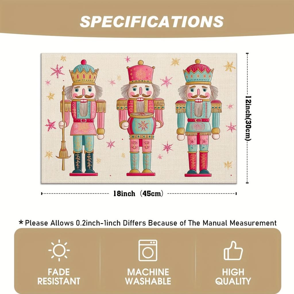 Set of 4 Christmas Nutcracker Placemats, Featuring Pink And Golden Snowflake Linen Table Mats, Suitable for Holiday Kitchen Table Decor, Everyday Use,