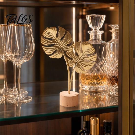 Talos Metal Leaf Ornaments, Gold Palm Leaf, Ginkgo Feather Statue with Wood Base, Modern Desktop Sculpture for Living Room, Bookshelf, Office