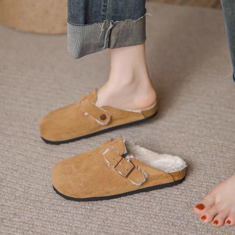 Módní nové dámské pantofle podzim zima kožené s kulatou špičkou pantofle pro páry venkovní ležérní udržující teplo dámské semišové nazouváky boty