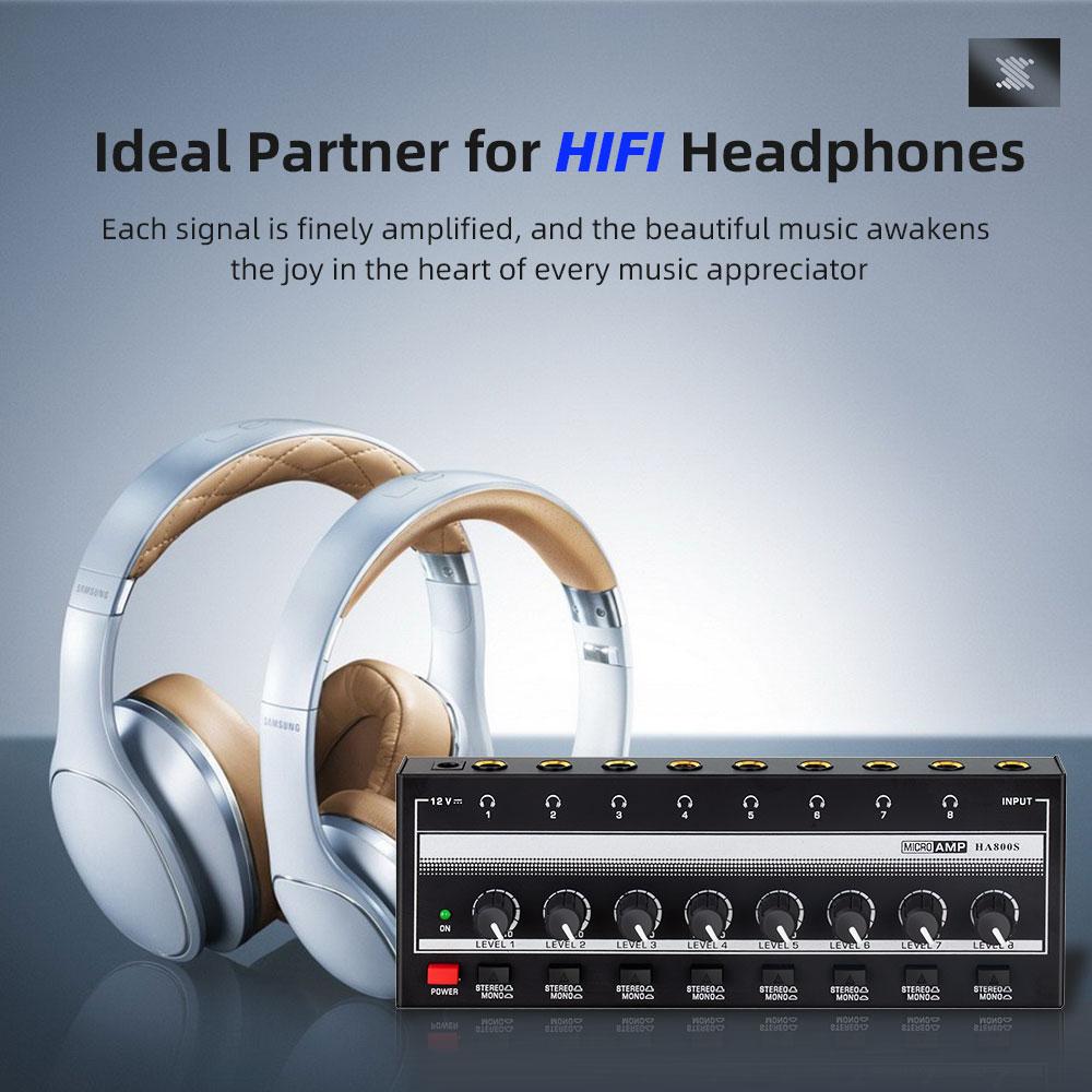 8 Channels Mini Headphone Amplifier Ultra-Compact Stereo Audio Amplifier with Power Adapter Earphone Splitter