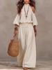 Damen schulterfreies Oberteil und Hose Set Lässig Elastische Taille Weite Hosen Boho Resort Kleidung Zweiteiliges Outfit