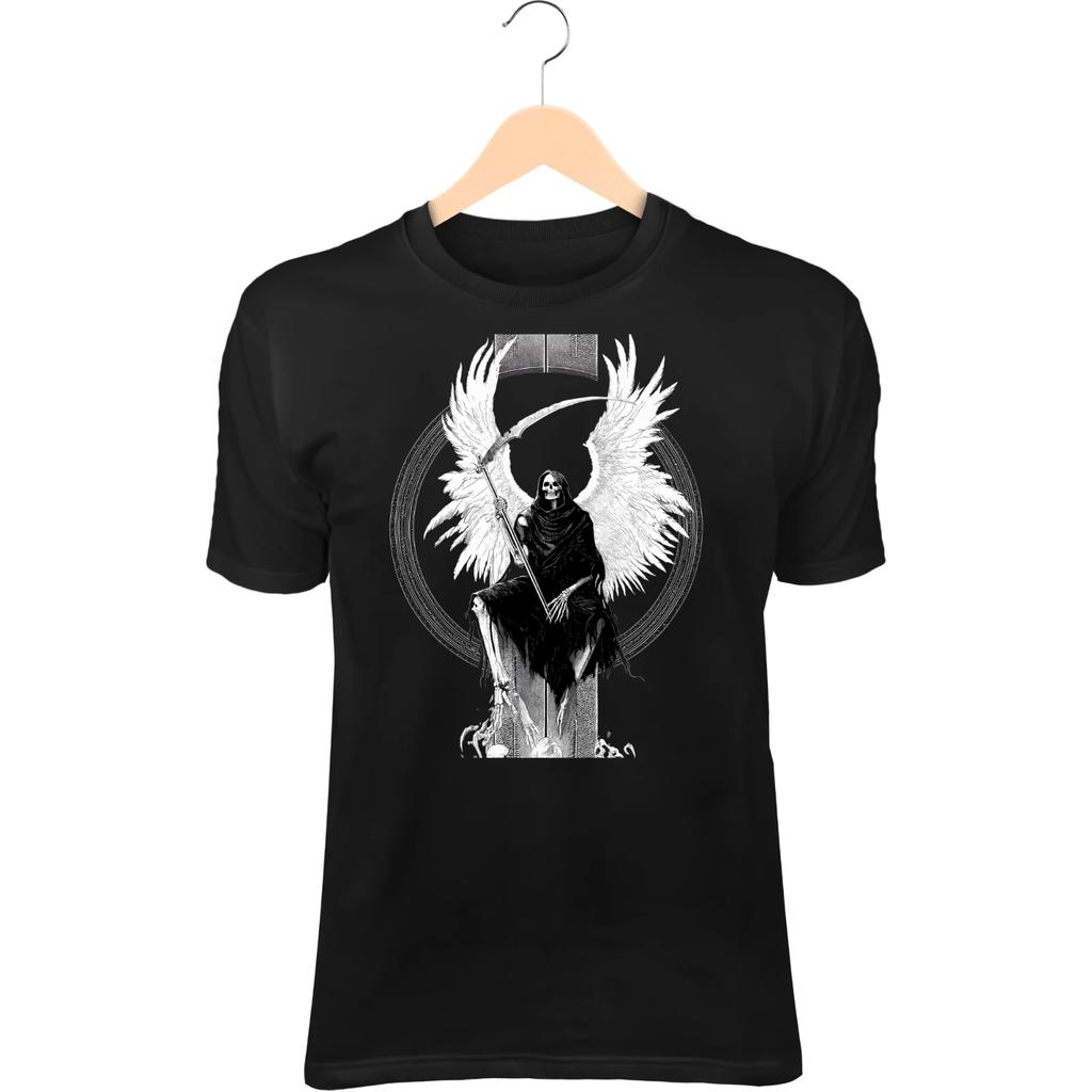 Throne Reaper IIII T-Shirt – Black Wings Wrapped, Scythe at Side, Bone Throne