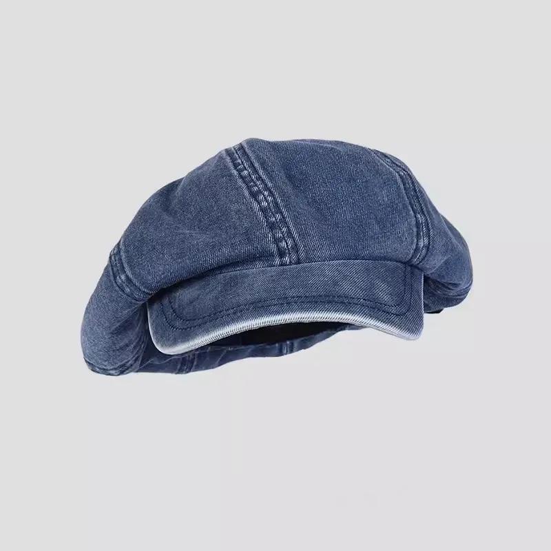

2025 Washed Denim Beret Hat 2025 Trendy Unisex Painter Cap Vintage Newsboy Style Adjustable Artistic Headwear L (55-58cm) темно-синього кольору