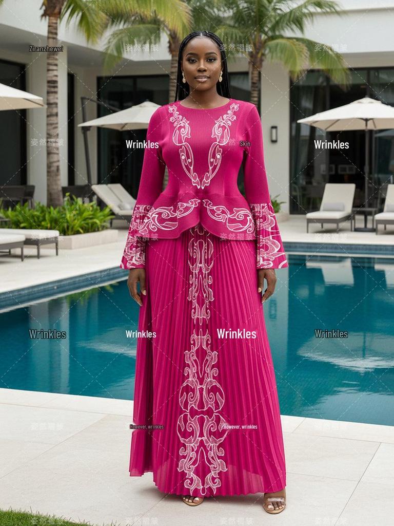 Elegant 2026 Pleated Print Slimming Suit: Plus-Size Waist-Cinched Two-Piece Dress Set