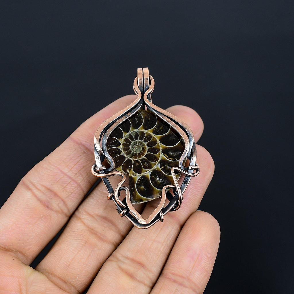 Ammonite Fossil 999 Copper Wire Wrapped Pendant, Handmade Gemstone Jewelry Pendant For Memorial Day