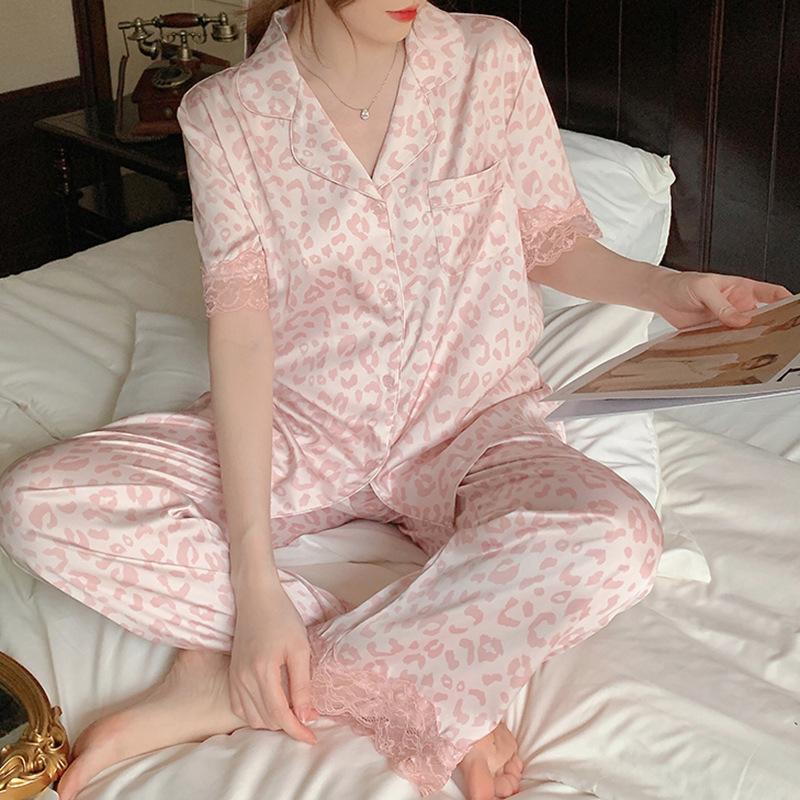 Ice Silk Pajamas Women'S Pink Leopard Print Sexy Lace High-End Temperament Loungewear Short-Sleeved Trousers Two-Piece Set