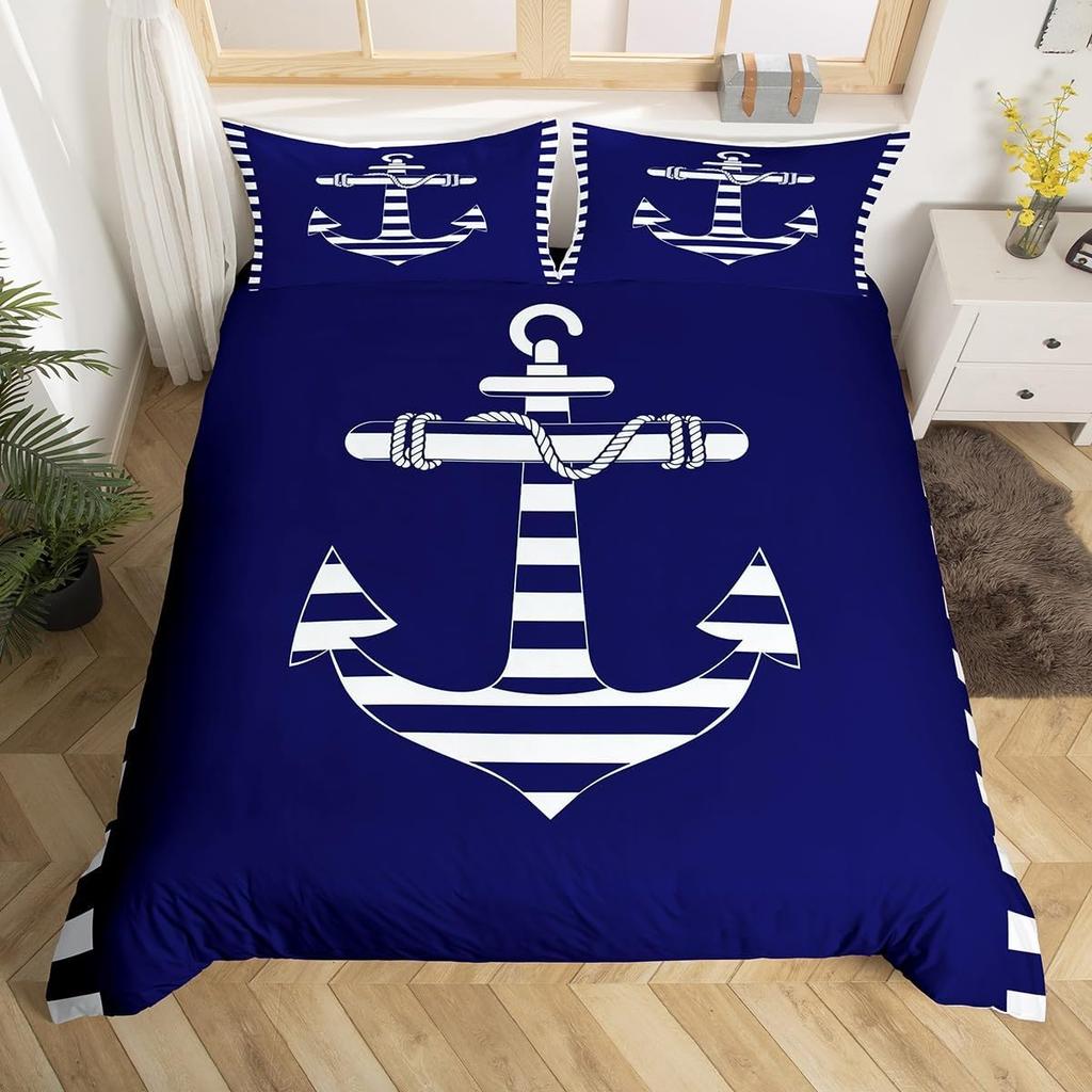 Nautical Anchor Duvet Cover,Geometric Stripes Anchor Bedding Set Twin For Boys Girls Room Decor,Ocean Adventure Comforter Cover