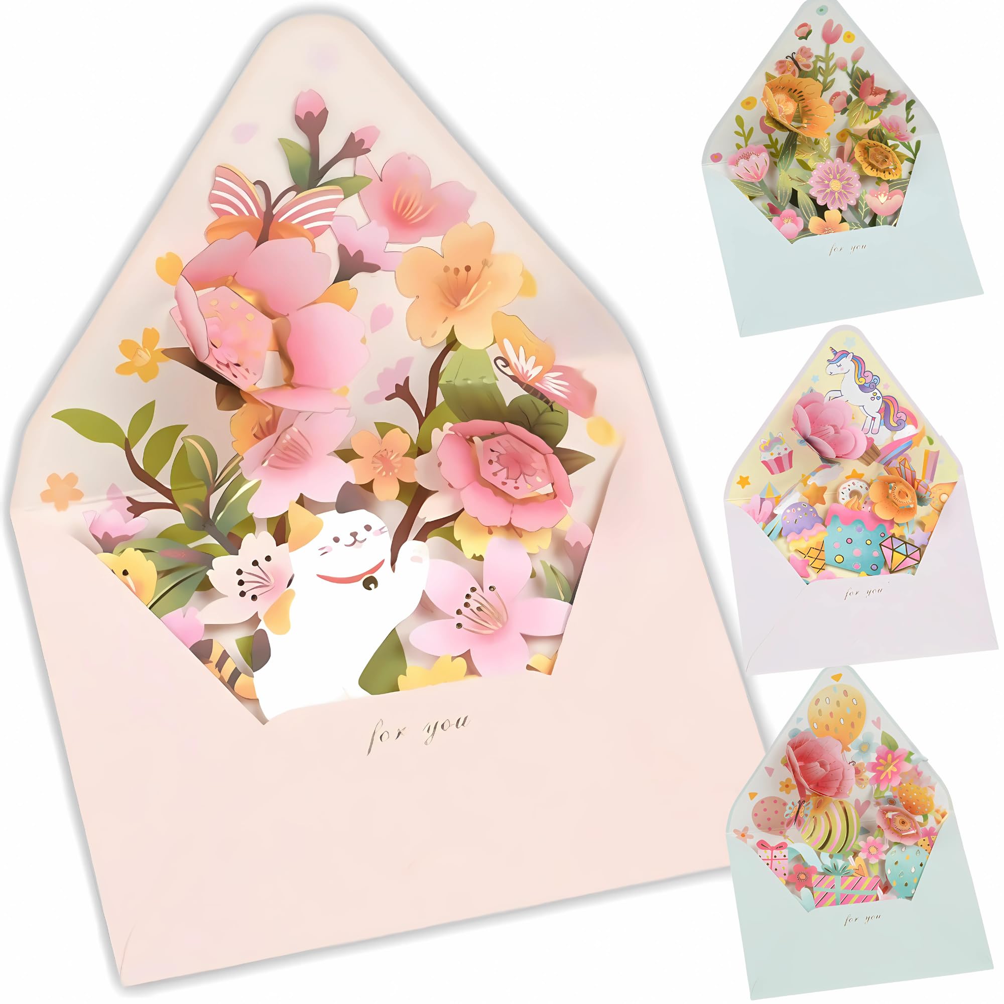 

Набор из 4 кошачьих канцелярских 3D [Suyasuwa] всплывающих открыток, всплывающие письма, кошки,