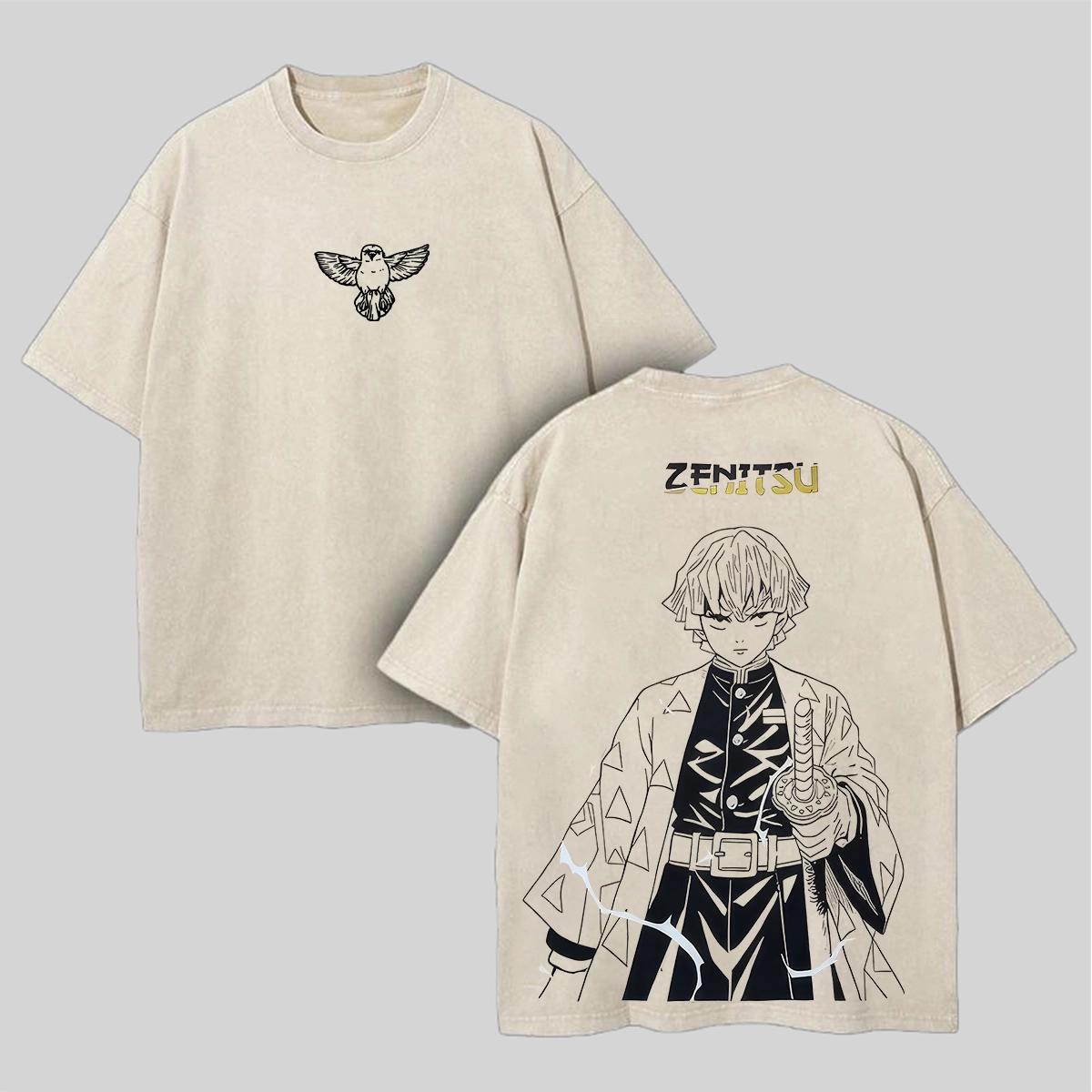 

Zenitsu Demon Slayer Graphic T-shirt Manga Oversized Cotton T Shirt Men Women Clothing Casual Vintage Washed Short Sleeve Tees XXL бежевый