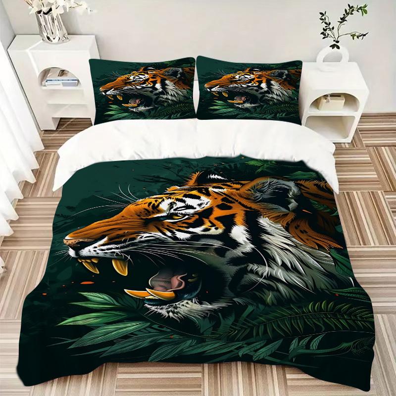 3pcs Tiger Print Bedding Set - 1 Duvet Cover + 2 Pillowcases(Core Not Included), Machine Washable Polyester yy251216155
