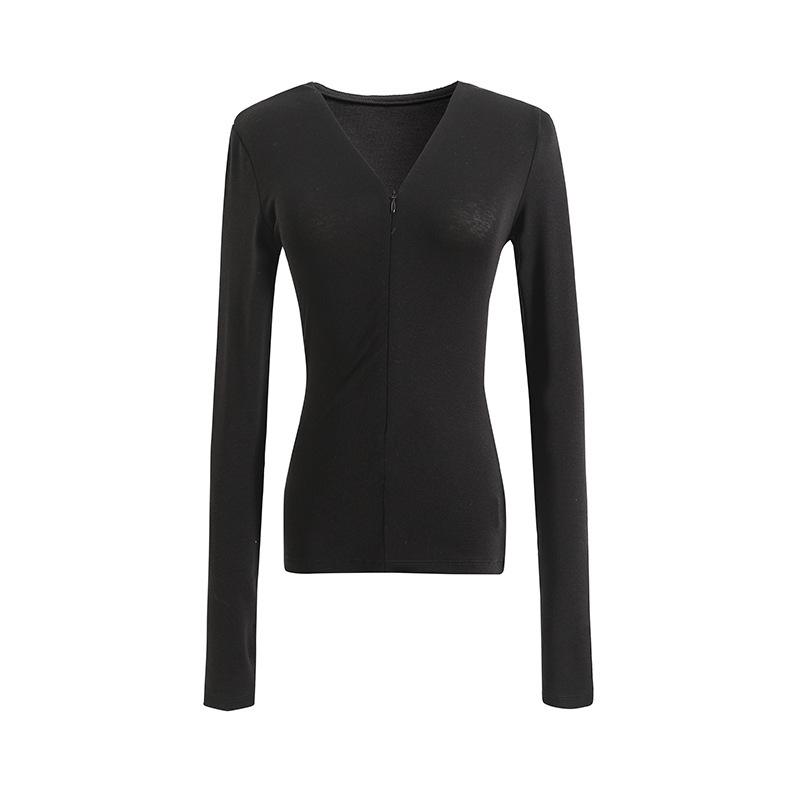 

Американский ретро топ с V-образным вырезом на молнии с длинным рукавом, женский, приталенный, повседневный Small чёрный