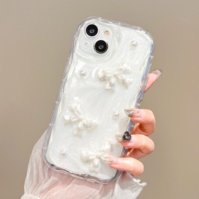 Urocze etui 3D z perłową kokardką i falami na telefon iPhone 17 Air 16 15 14 13 12 11 Pro Max Plus Miękki amortyzujący zderzak Osłona ochronna