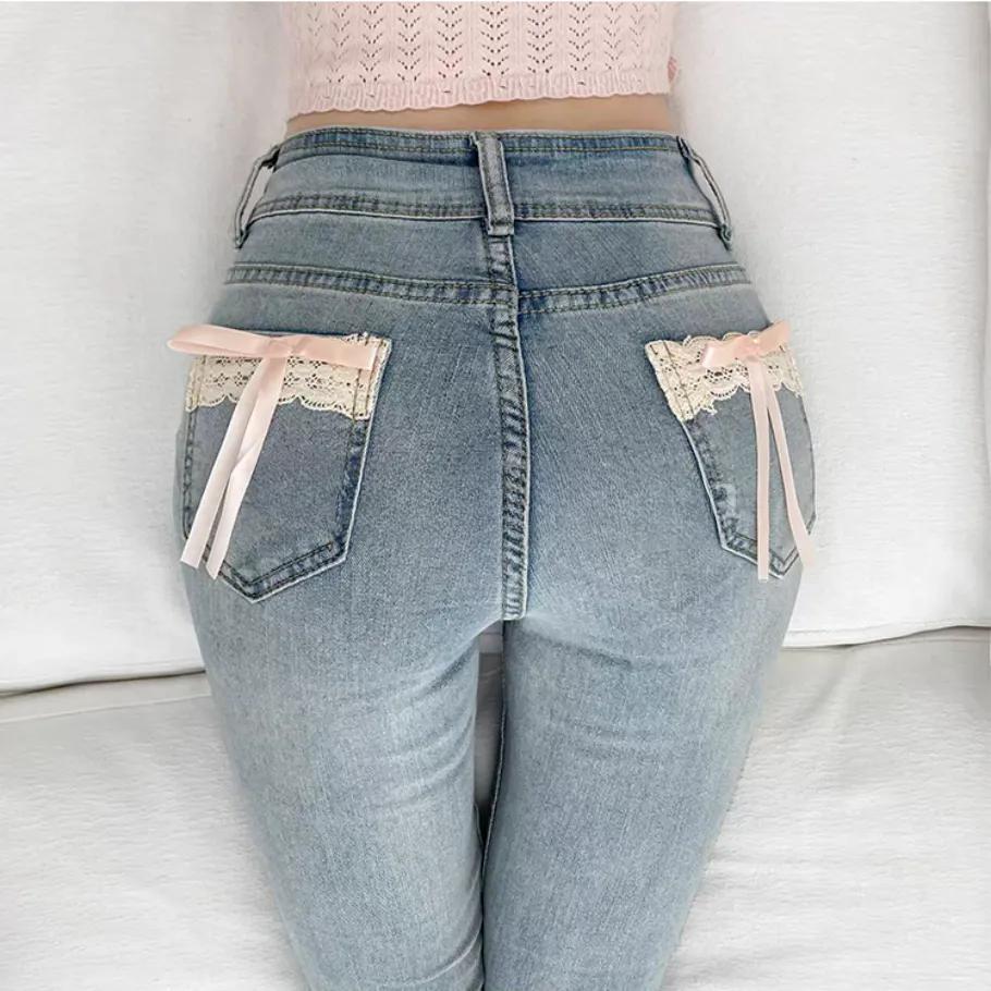 

WTEMPO Уличные ретро-джинсы с кружевными бантами и карманами, женские сексуальные всесезонные эластичные узкие повседневные универсальные длинные джинсовые брюки L синий