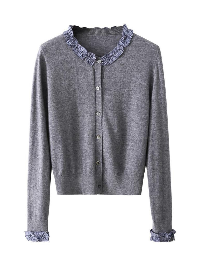 Yimeng 2025 Korean Style Patchwork Long Sleeve Knitted Cardigan for Women