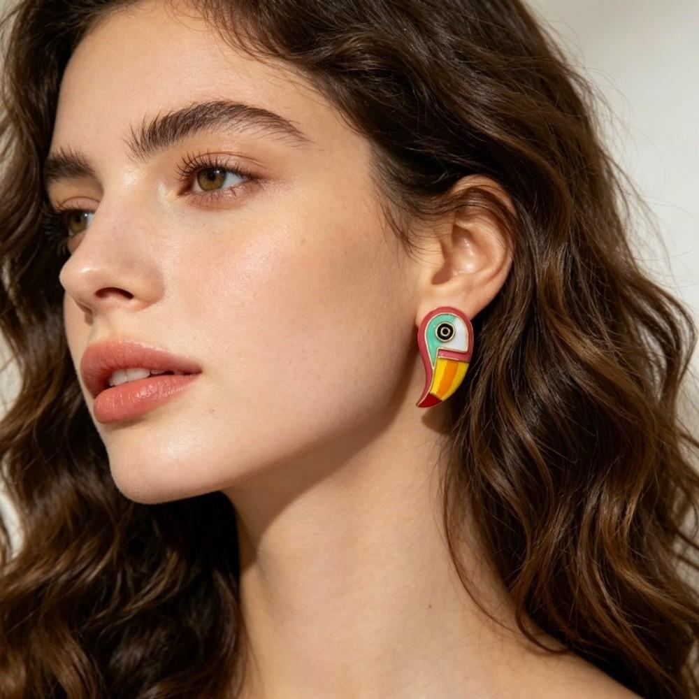 Colorful Parrot Earrings Oil-drip Design Geometric Shape Enamel Toucan Bird Brooch Vintage Style Adjustable Unisex Jewelry