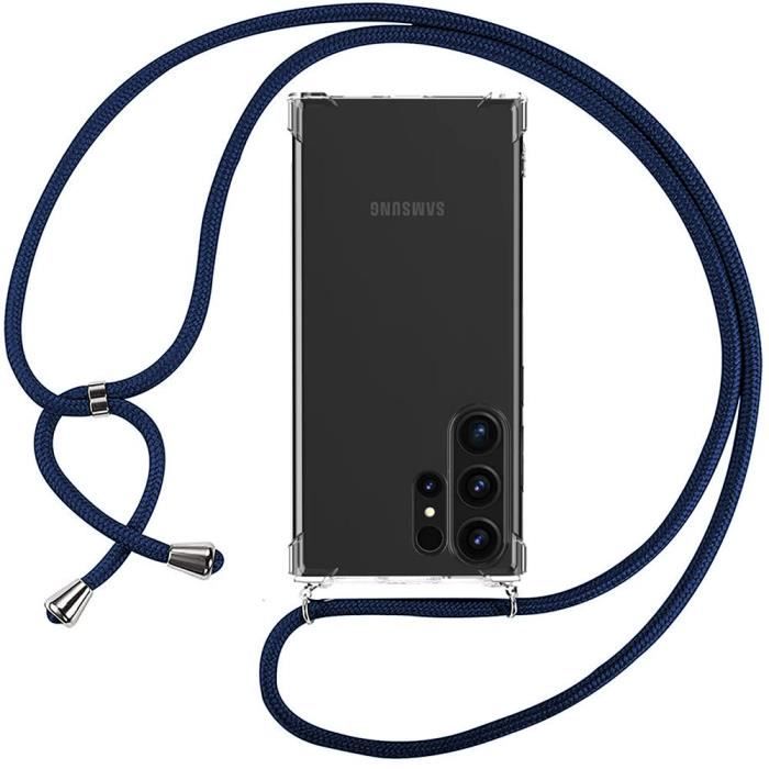 Coque avec Cordon - BOOLING - pour Samsung Galaxy S23 Ultra - Protection Transparente - Lanière Bleu Marine - Souple
