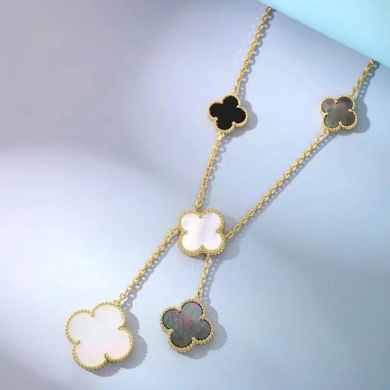 18k Rose Gold Double-Sided Lucky Four-Leaf Clover & Six-Petal Flower Necklace with Mother-of-Pearl Pendant for Women