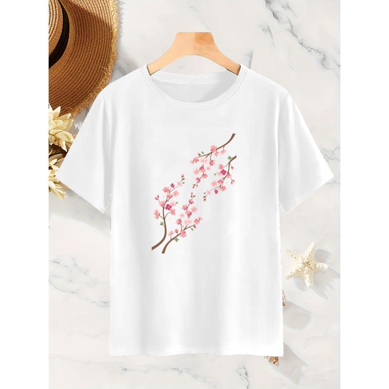 Women's Crew Neck Short Sleeve T-Shirt Cherry Blossom Pattern Japanese Festival Element Print Casual Trendy Spring Summer Top