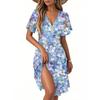 Women's Fashion Short Sleeve Wrap Sundress V-Neck Floral Print Dresses