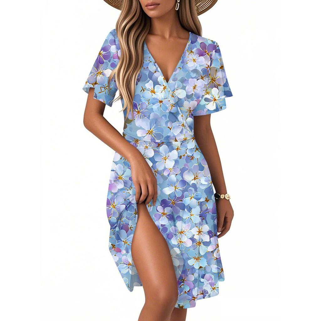 Women's Fashion Short Sleeve Wrap Sundress V-Neck Floral Print Dresses