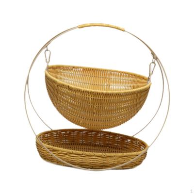 2 Tier Storage Basket Double Layer Fruit Reusable with Handle Woven