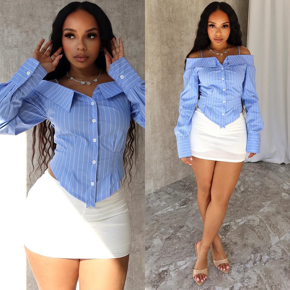 

Women s Off-shoulder Shirt Hot Girl Style Sexy Waist-hugging Slim Top Shirt Women s Versatile Workplace XL синій