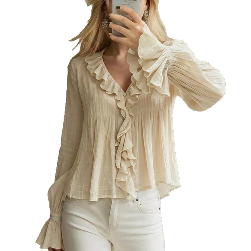 Blusa da Donna Dolce con Volant, Scollo a V, Manica Lunga, Casual, Estiva, Autunnale, Versatile