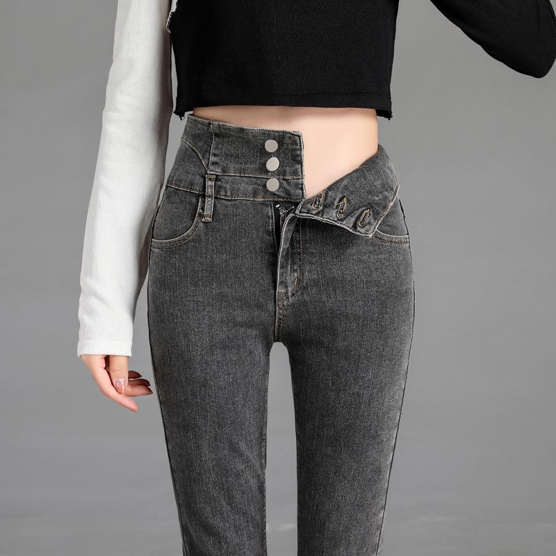 High-Waist Skinny Velvet-Lined Jeans - Women's Casual Japanese Korean Style, Autumn/Winter 2025.