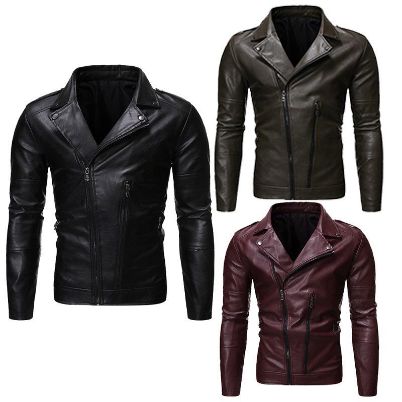 Men's 2019 Autumn/Winter Slim Fit PU Leather Motorcycle Jacket with Oblique Zipper and Lapel Design