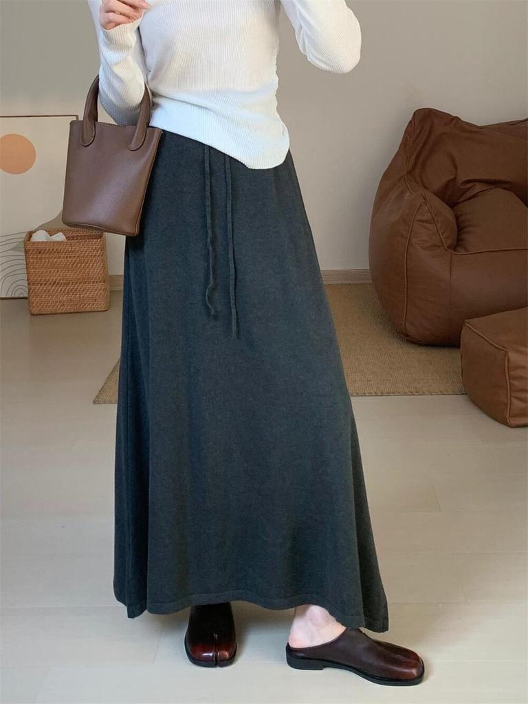 Korean Style High Waist Knitted A-Line Midi Skirt for Women