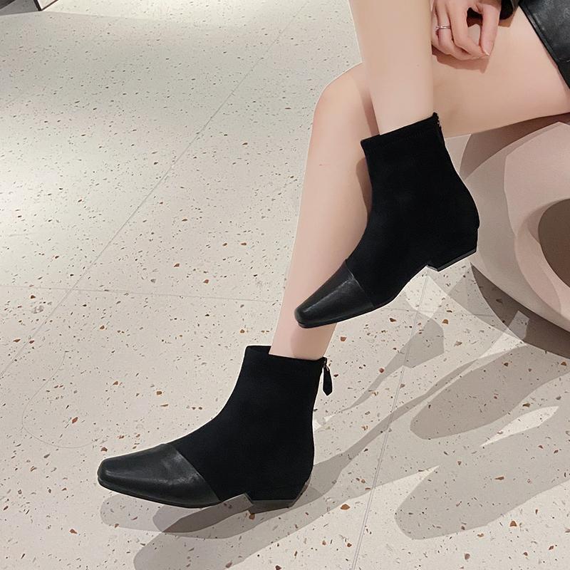 Fashion Spliced Suede Low Heel Single Shoes Fall New Square Toe Rear Zip Anti-Slip Wear-Resistant Shoe