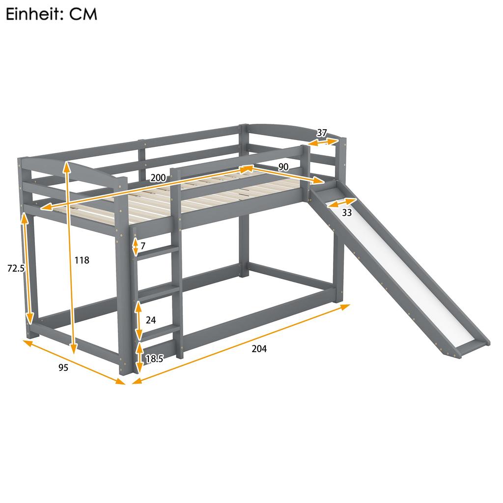 Children's Bed Loft Bed, Bunk Bed with Ladder and Slide, Bunk Bed with Slatted Frame and Fall Protection, Solid Wood Frame
