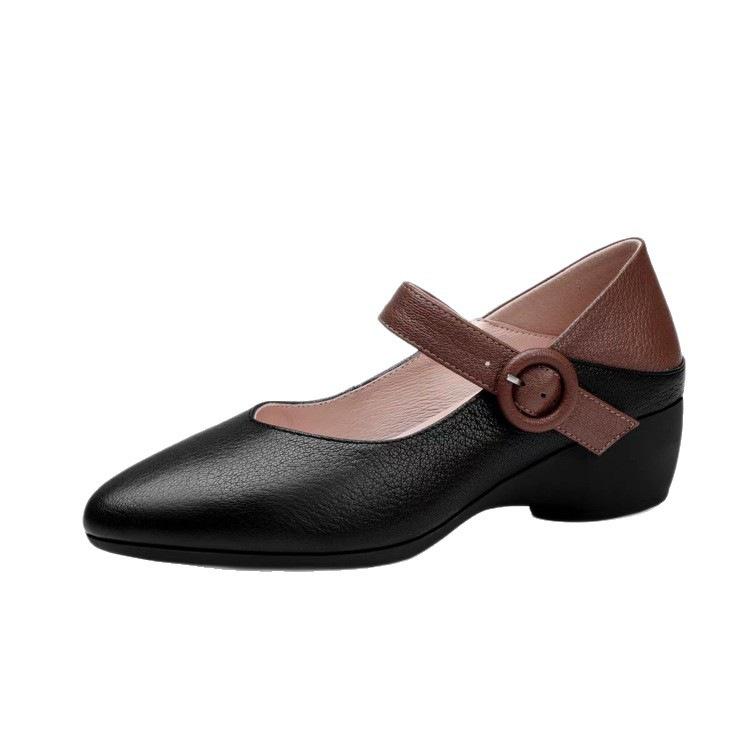 Breathable Low Heel Soft Leather Wedge Heel Autumn New Single Shoes Thick Heel Pointed Leather Shoes