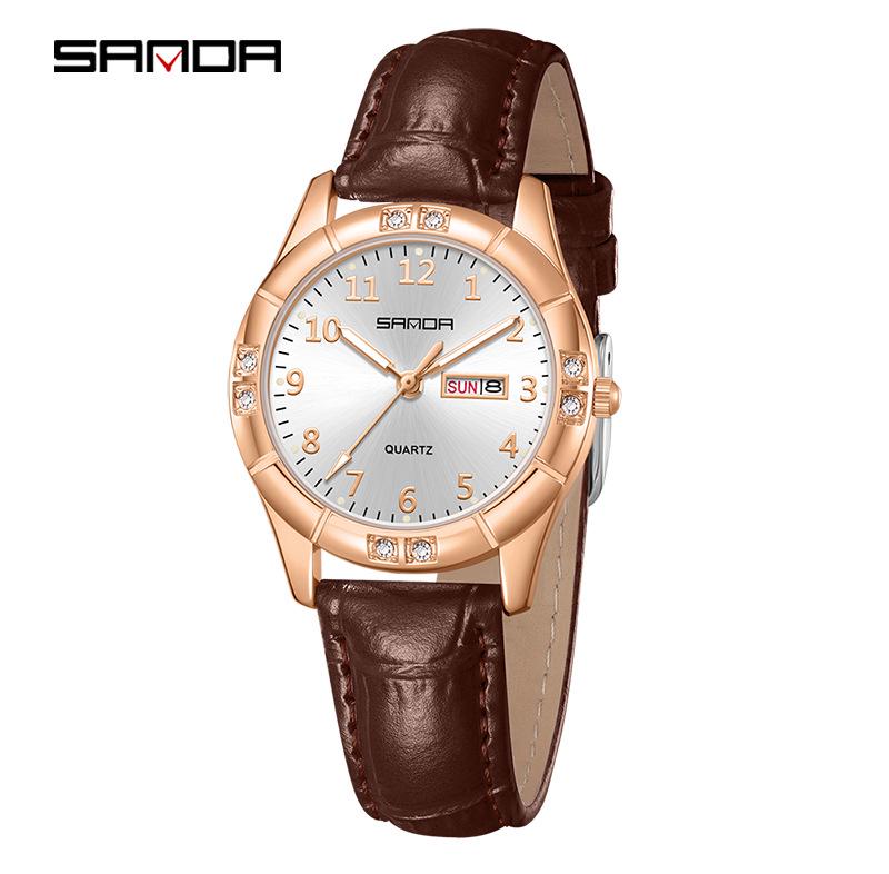 Sanda Junior High Student Retro Quartz Watch - Luminous, Dual Calendar, Waterproof, Sun Pattern, Fashionable Women's Style
