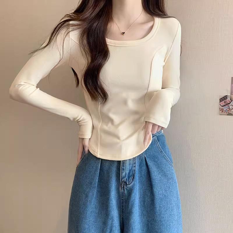 Right Shoulder Fishbone Waist Long-sleeved T-shirt for Women Autumn New Design Square Collar Curved Hem Bottoming Shirt Top Clothes