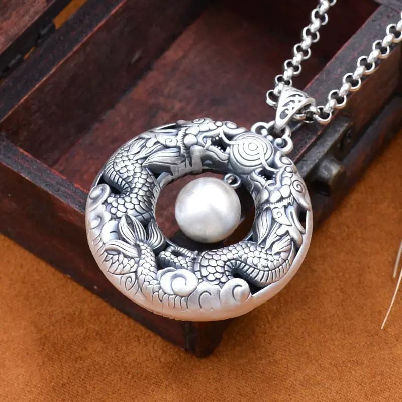 Vintage Dragon Pearl Pendant Necklace Women Men Long Chain Copper Jewelry Boho Style