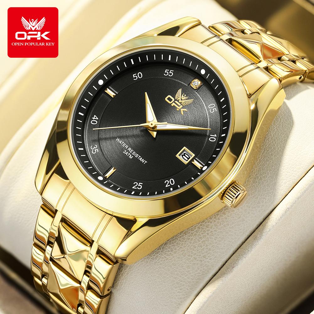 OPK 8183 Men's Watches Gold Steel Strap Classic Black Dial Fashion Simple Waterproof Luminous Date Quartz Wrist Watches For Man