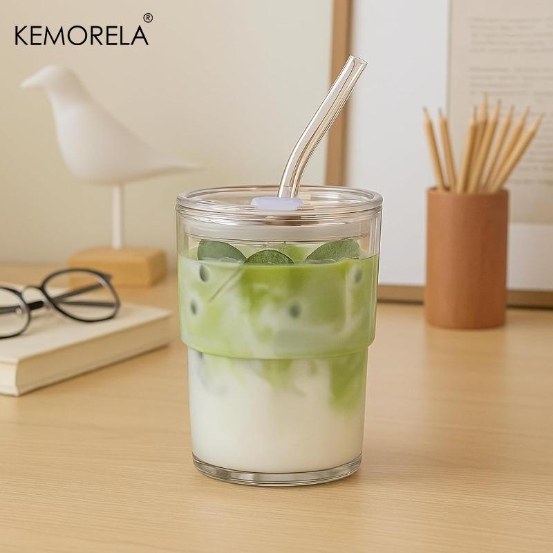 Glass Tumbler with Straw, Thick Wall Reble Cup & Leak Proof Lid for Iced Coffee Bubble Tea, 1/2 Pcs Cold Drink Ware Set