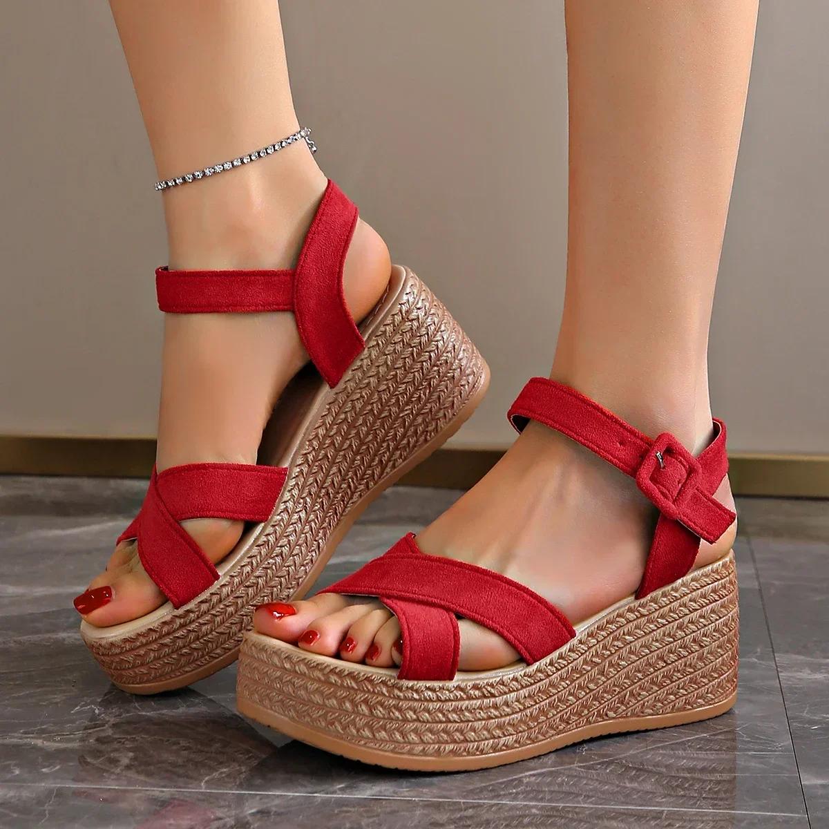 

Модная женская обувь Тканевые сандалии на платформе и каблуке Костюм Женский Бежевый Ремешок с пряжкой Обувь-маффины Роскошные эспадрильи 37 красный