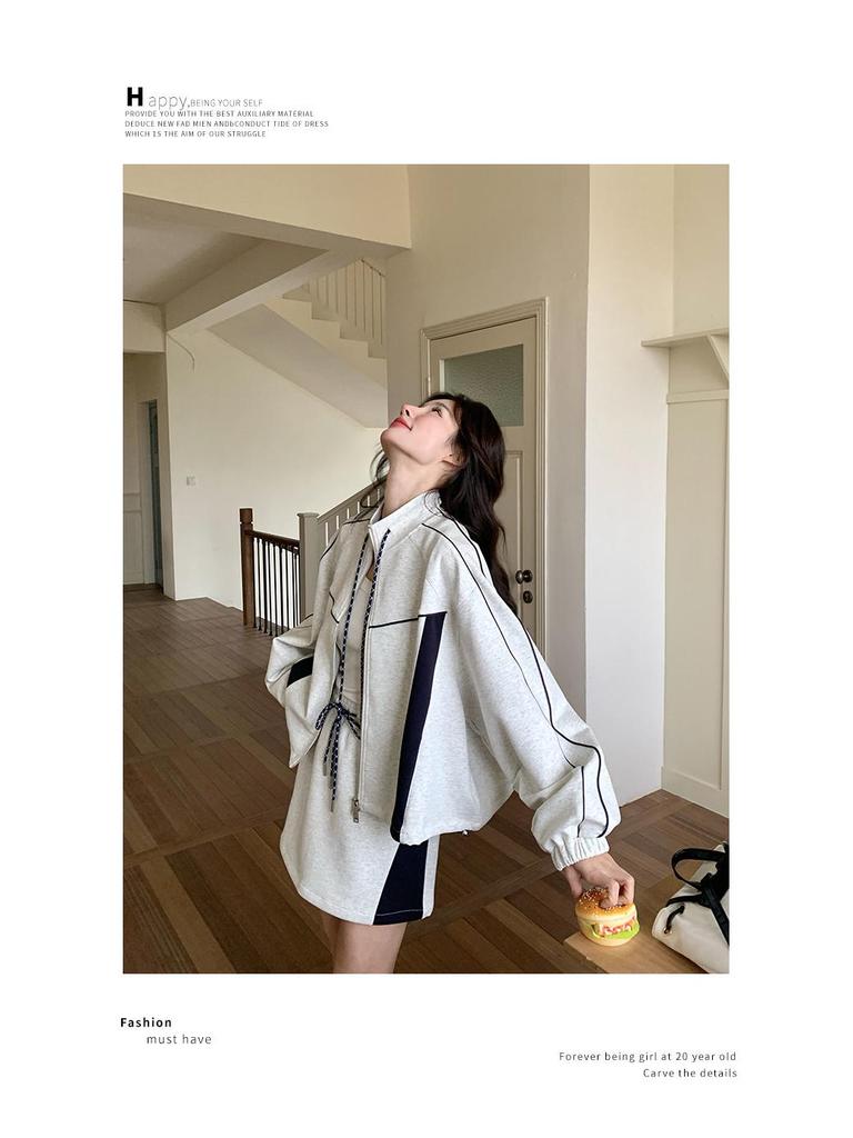 Light Gray Casual Sports Sweater & Contrast Short Skirt Set 2025