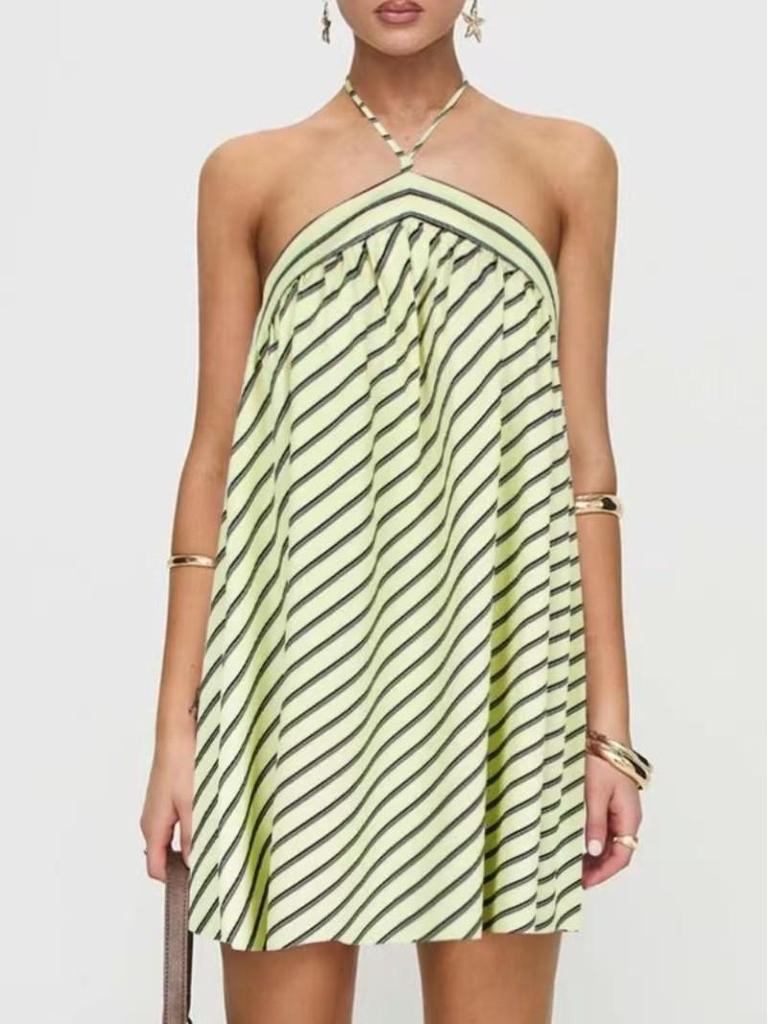 Women's Striped Halter Backless Dress - Spicy European and American Holiday Beachwear