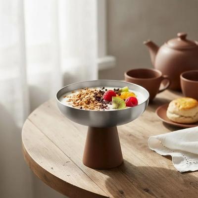 High Feet Stainless Steel Dessert Cup Wood Handle Large-caliber Ice Cream Cup Stable Base Corrosion-resistant Yogurt Bowl