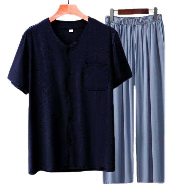 Cardigan manica corta in cotone e seta pigiama da uomo per mezza età e anziani pantaloni estivi sottili in cotone artificiale loungewear da uomo