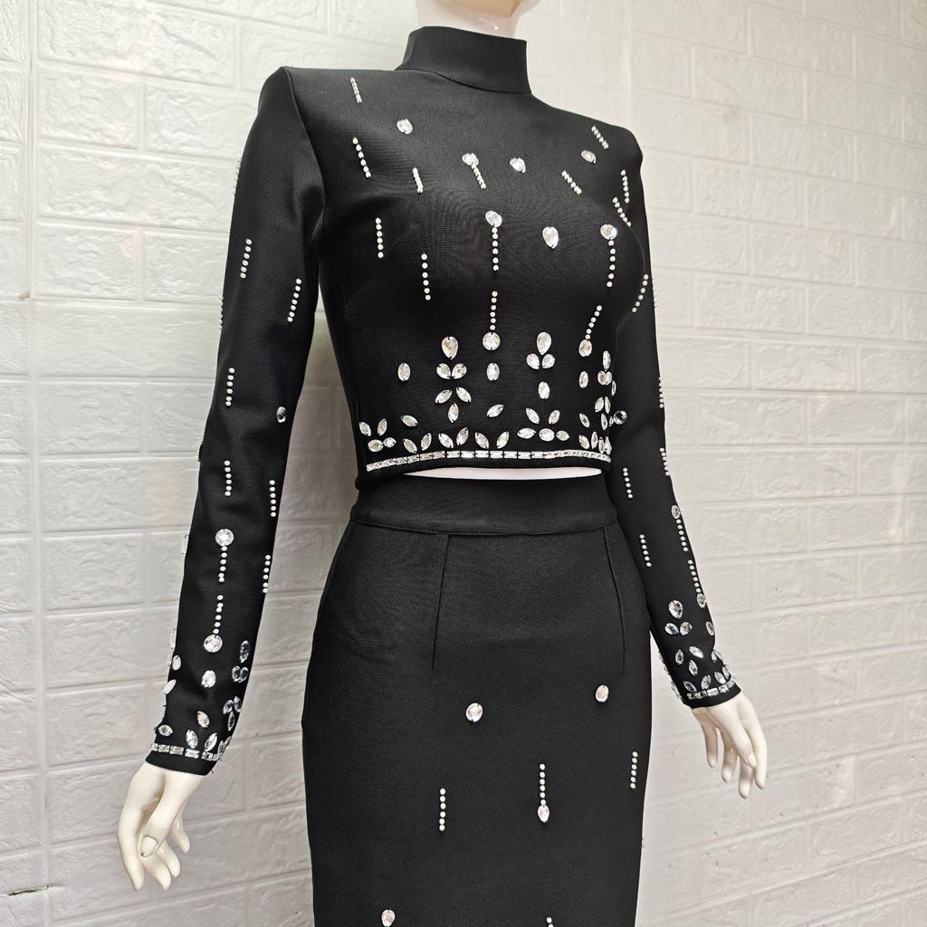 Elegant Rhinestone-Encrusted Bandage Top & Skirt Set