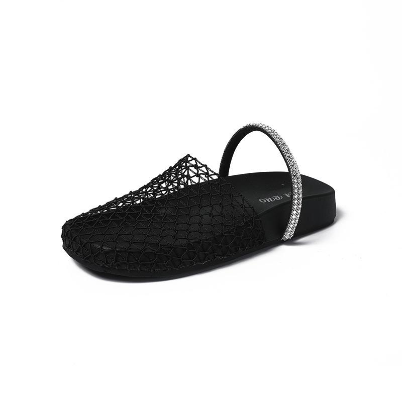 Fairy wind thick bottom cool slippers female outer wear niche 2025 summer baotou mesh rhinestone soft bottom beach half drag
