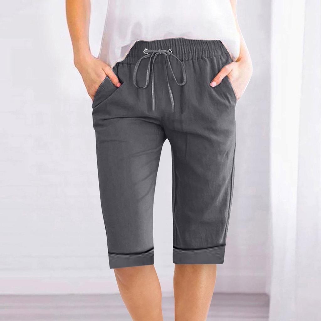 Women's Color Drawstring Cotton Linen Casual Pants Pocket Elastic Waist Home Five Piece Pants