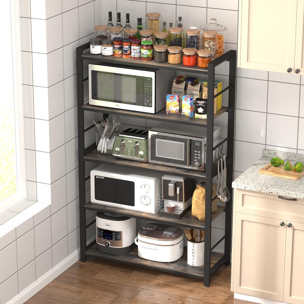NAIYUFA Bakers Rack,Microwave Oven Stand 5 Tier Utility Storage Shelf with Hooks,Multifunctional Wood Shelf for Kitchen,Bathroom,Livingroom,Storehouse