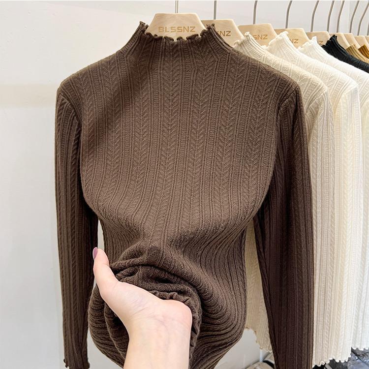 Women's White Half Turtleneck Knitted Sweater with Wheat and Wood Ear Detailing - Perfect for Spring, Autumn, and Winter Layers